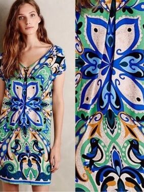 Anthropologie Blue Green Multi Printed V-Neck Shift Dress